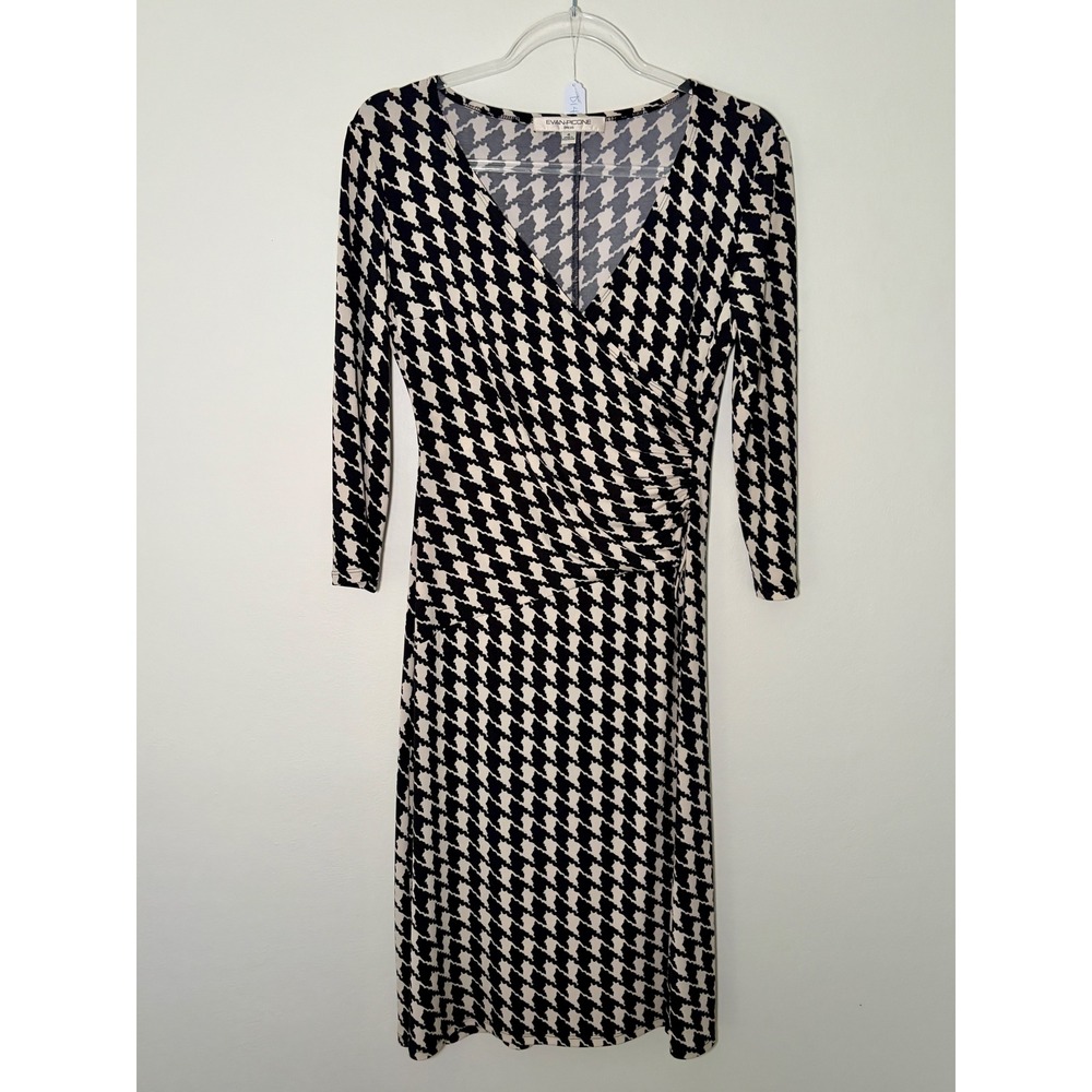 Evan-Picone Womens Houndstooth Faux Wrap Dress Black Cream 3/4 Sleeve Size 4